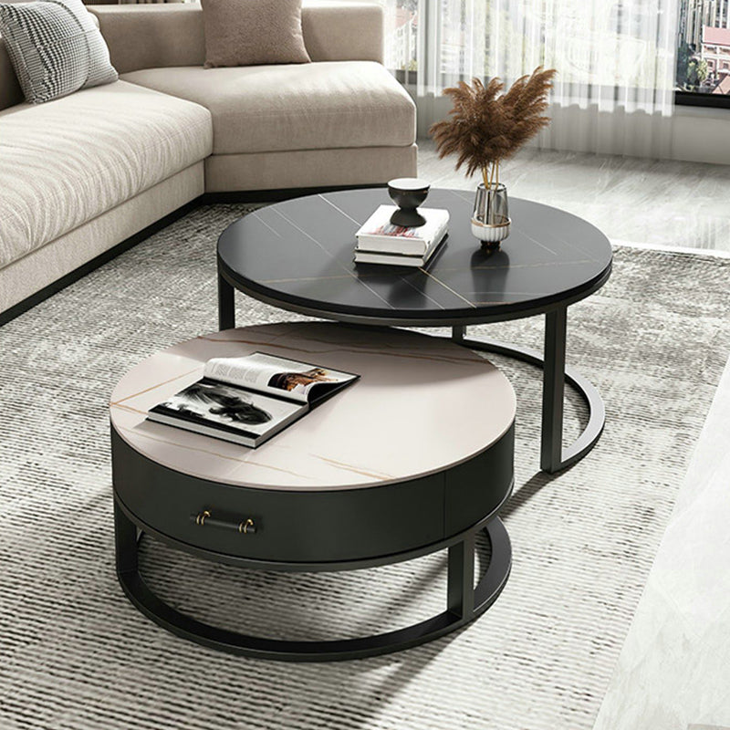 Round Slate Top Coffee Table Set Frame Cocktail Table with Storage Drawers