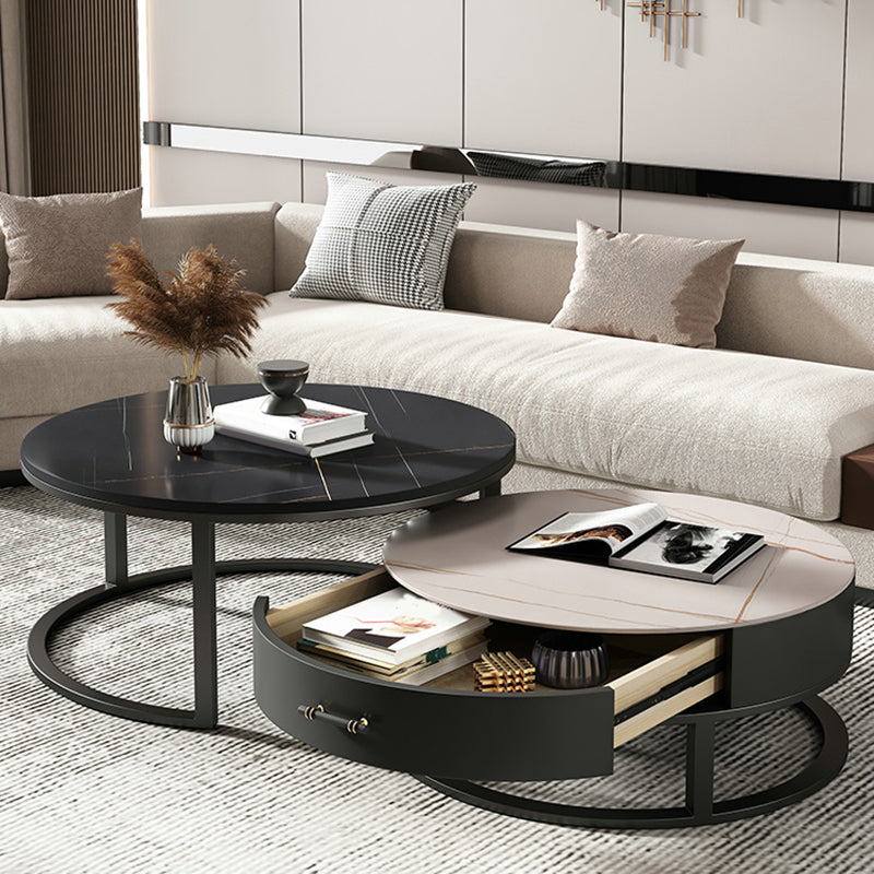 Round Slate Top Coffee Table Set Frame Cocktail Table with Storage Drawers