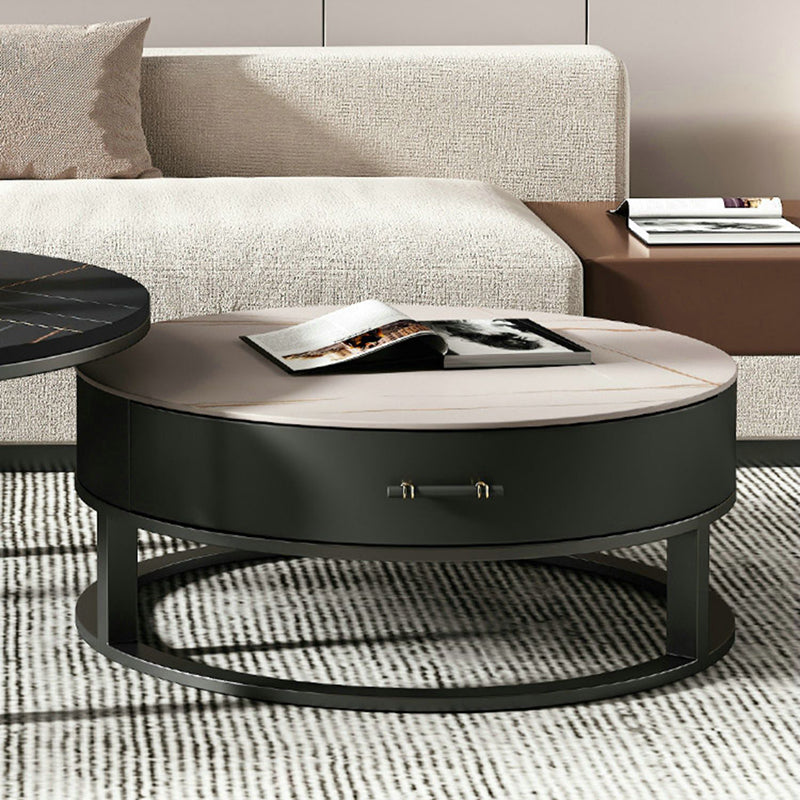Round Slate Top Coffee Table Set Frame Cocktail Table with Storage Drawers