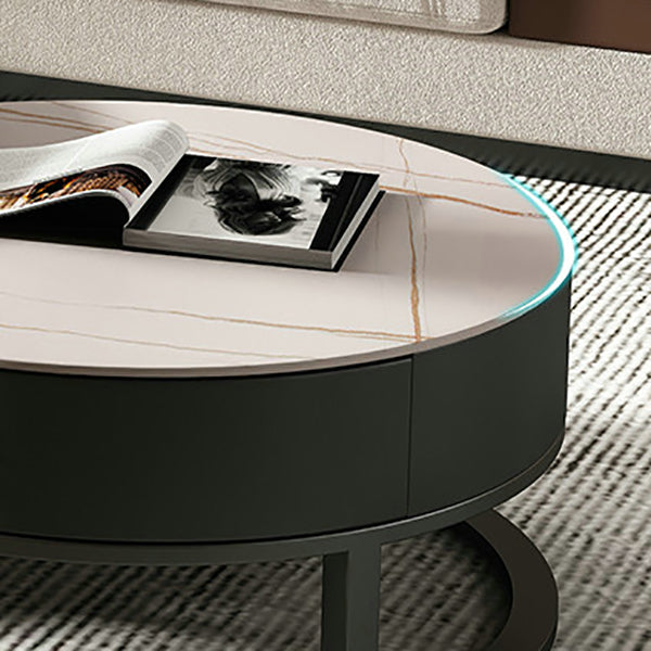 Round Slate Top Coffee Table Set Frame Cocktail Table with Storage Drawers