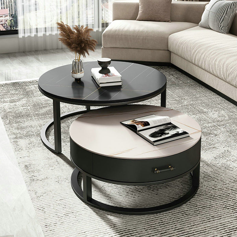 Round Slate Top Coffee Table Set Frame Cocktail Table with Storage Drawers