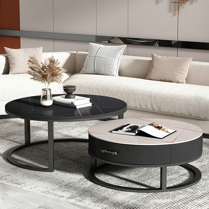 Round Slate Top Coffee Table Set Frame Cocktail Table with Storage Drawers