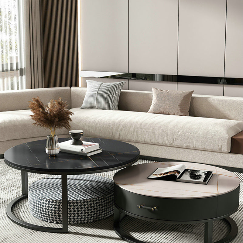 Round Slate Top Coffee Table Set Frame Cocktail Table with Storage Drawers