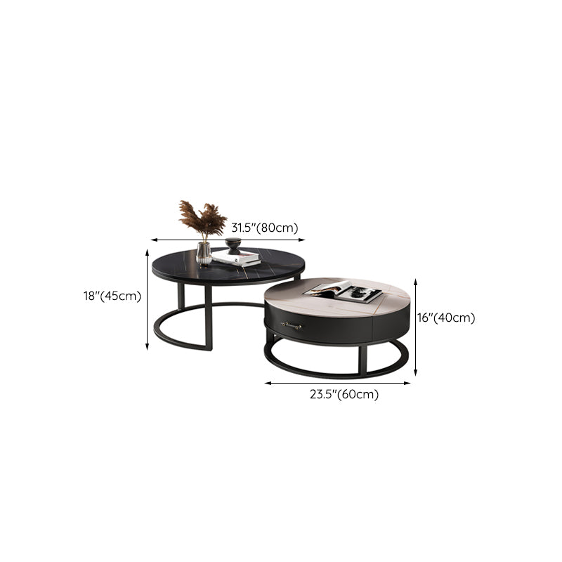 Round Slate Top Coffee Table Set Frame Cocktail Table with Storage Drawers
