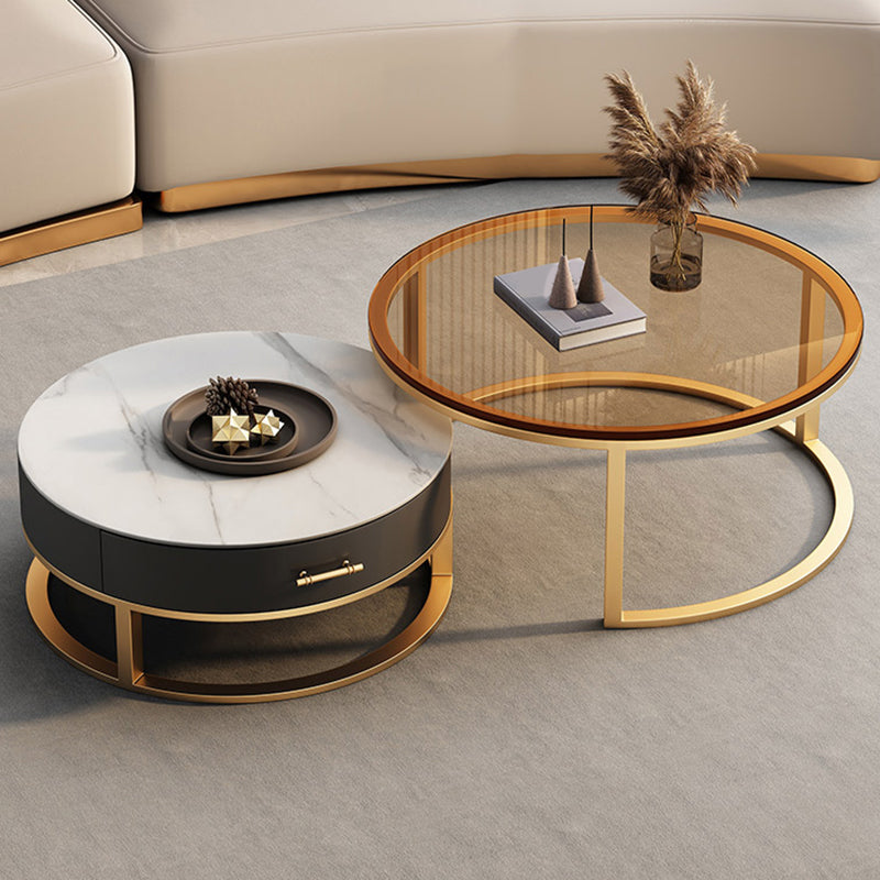 Glass Top Coffee Table Set Frame Cocktail Table with Storage Drawers