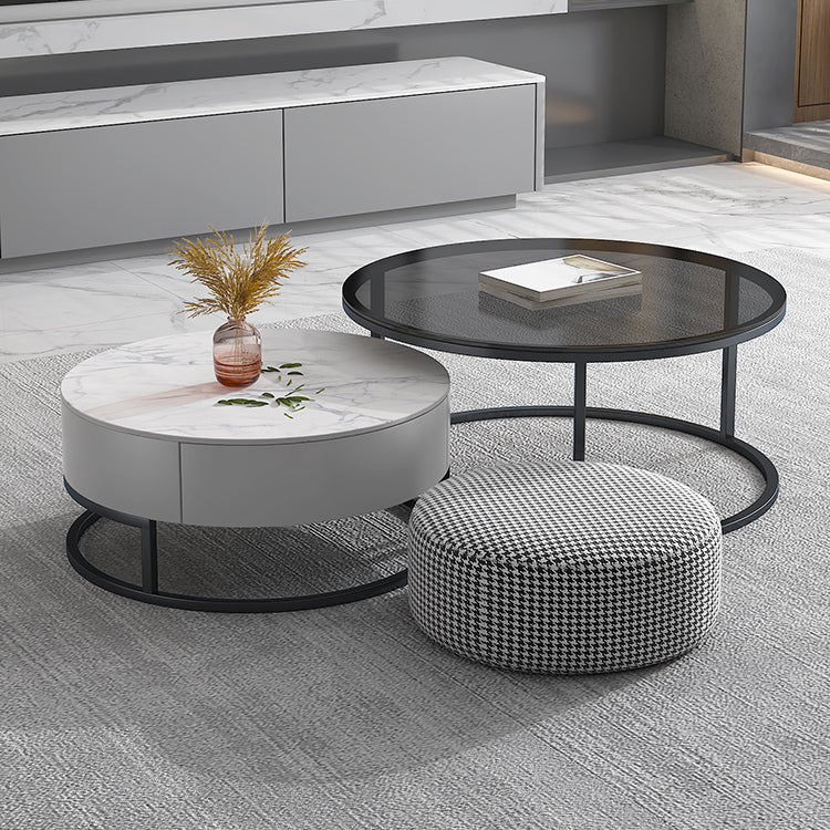 Modern Round Glass & Slate Coffee Table Set Frame Cocktail Table with Drawer