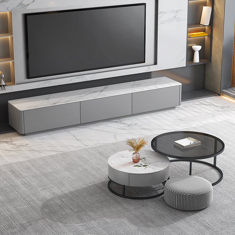 Modern Round Glass & Slate Coffee Table Set Frame Cocktail Table with Drawer