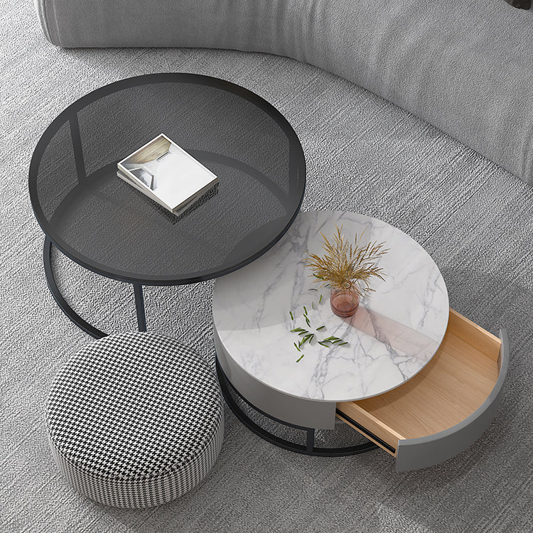 Modern Round Glass & Slate Coffee Table Set Frame Cocktail Table with Drawer