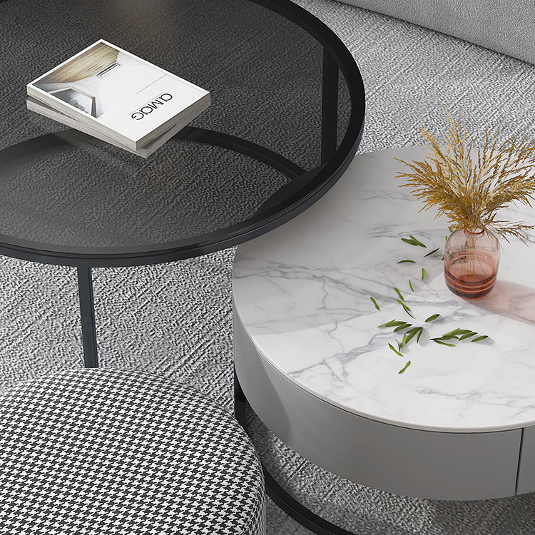 Modern Round Glass & Slate Coffee Table Set Frame Cocktail Table with Drawer
