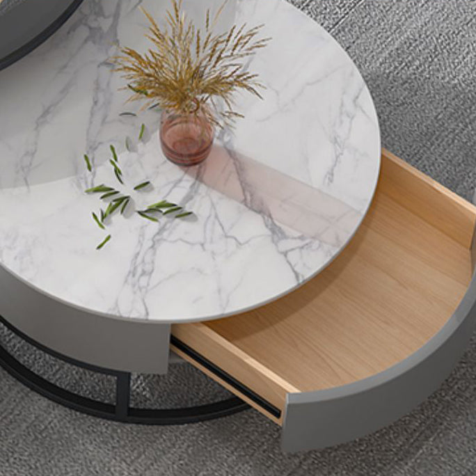 Modern Round Glass & Slate Coffee Table Set Frame Cocktail Table with Drawer