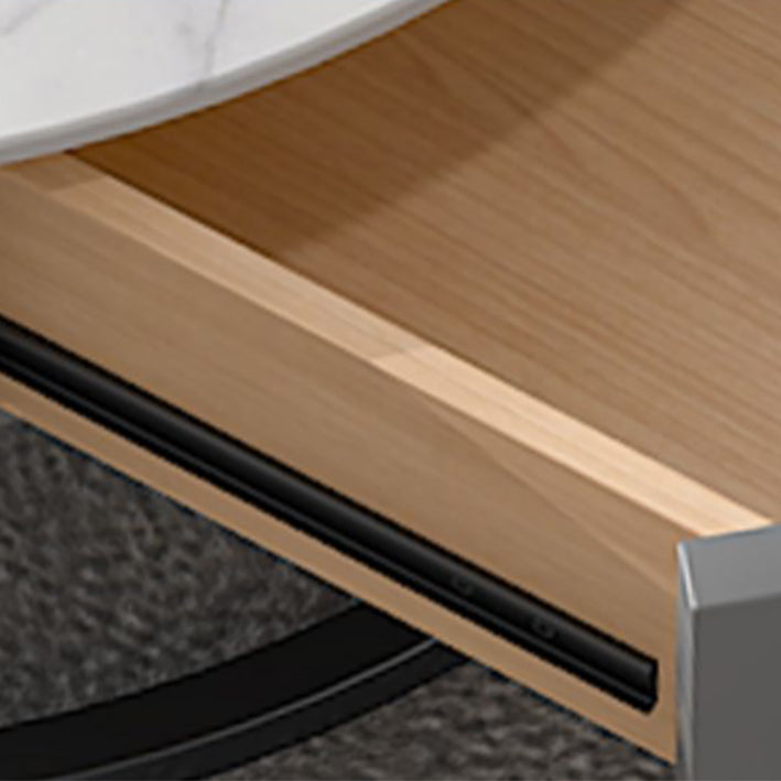Modern Round Glass & Slate Coffee Table Set Frame Cocktail Table with Drawer