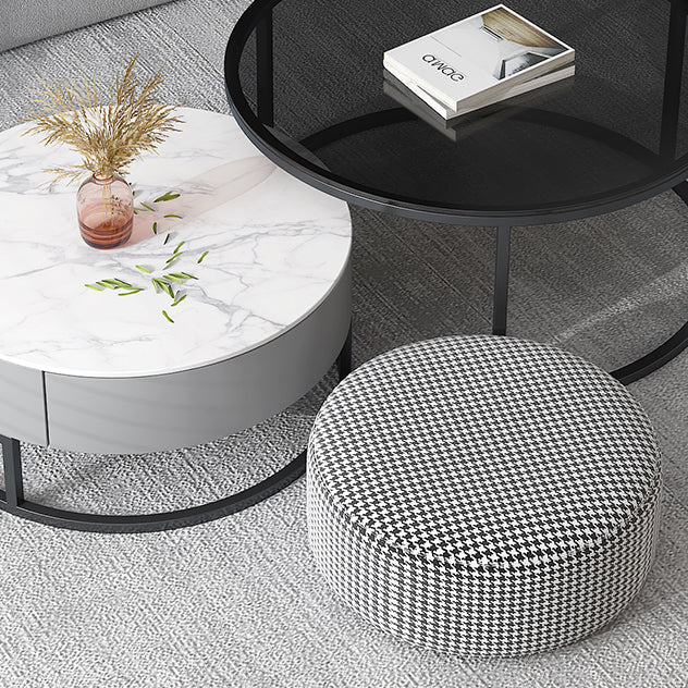 Modern Round Glass & Slate Coffee Table Set Frame Cocktail Table with Drawer