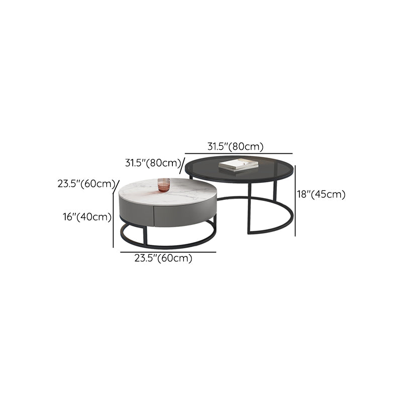Modern Round Glass & Slate Coffee Table Set Frame Cocktail Table with Drawer