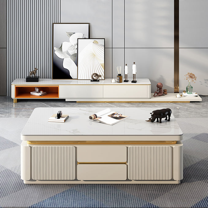 Wooden Block Cocktail Table with Drawers Glam Slate Top 4-Door Coffee Table