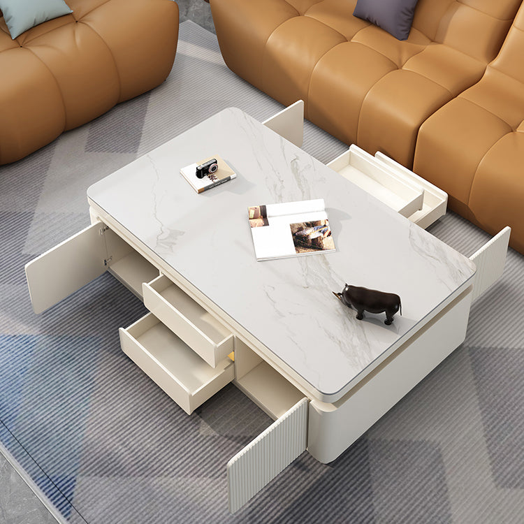 Wooden Block Cocktail Table with Drawers Glam Slate Top 4-Door Coffee Table