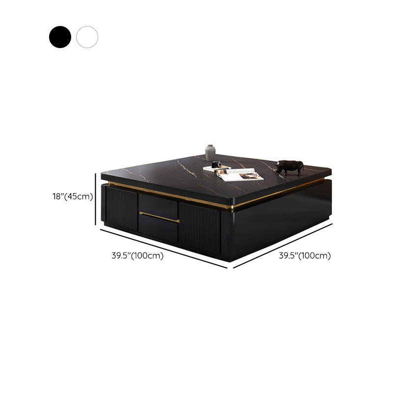 Wooden Block Cocktail Table with Drawers Glam Slate Top 4-Door Coffee Table