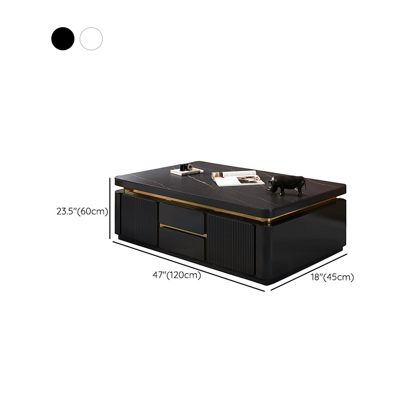 Wooden Block Cocktail Table with Drawers Glam Slate Top 4-Door Coffee Table