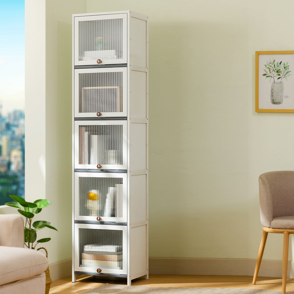 Contemporary Bamboo Accent Cabinet in White 12.6" D Chest with Glass Paned