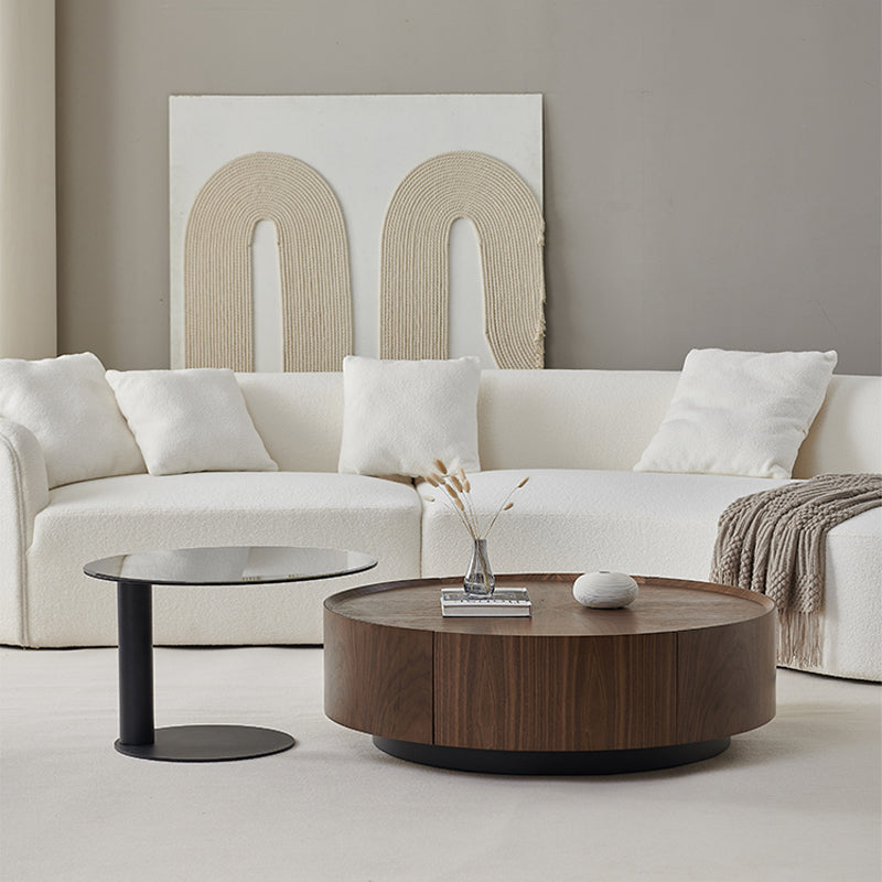 Round Wood Cocktail Table Set with 2 Drawers Modern Walnut Coffee Table