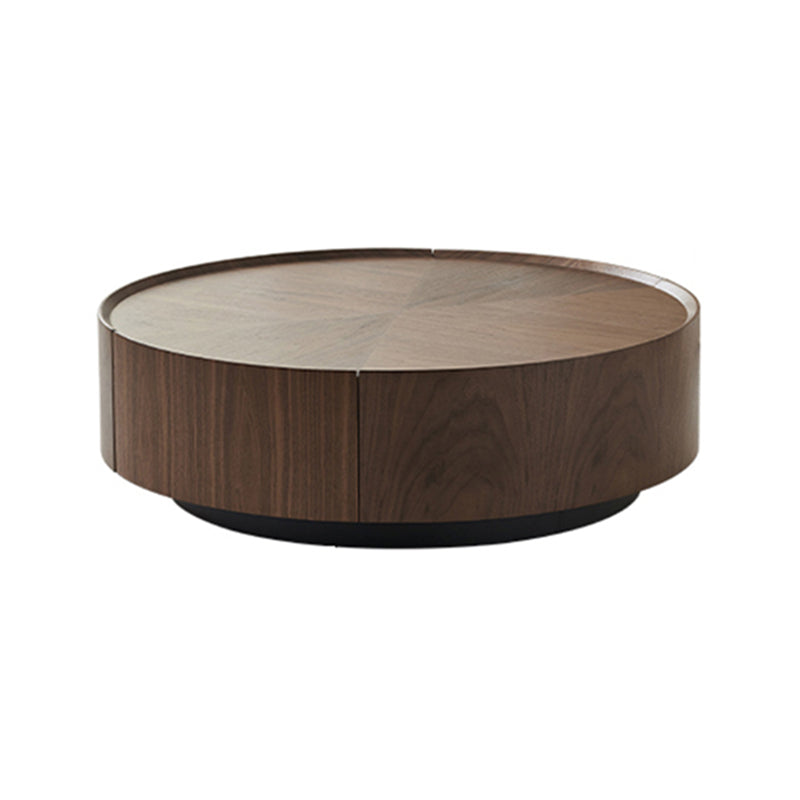 Round Wood Cocktail Table Set with 2 Drawers Modern Walnut Coffee Table