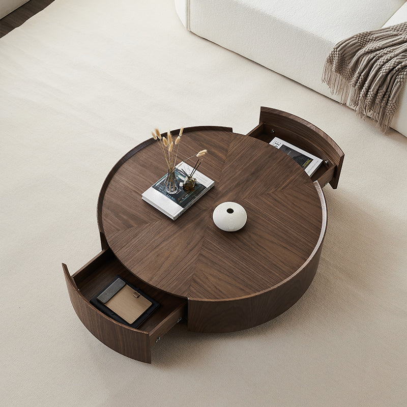 Round Wood Cocktail Table Set with 2 Drawers Modern Walnut Coffee Table