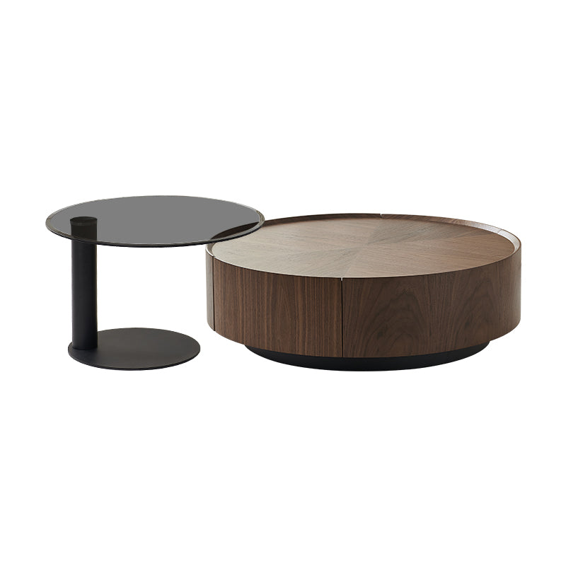 Round Wood Cocktail Table Set with 2 Drawers Modern Walnut Coffee Table