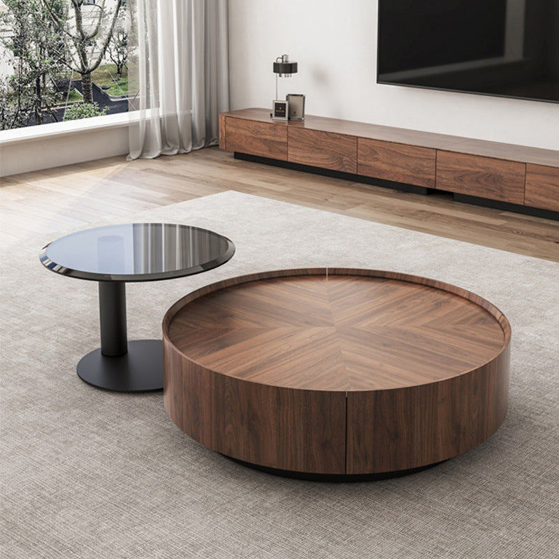Round Wood Cocktail Table Set with 2 Drawers Modern Walnut Coffee Table