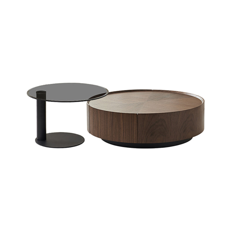 Round Wood Cocktail Table Set with 2 Drawers Modern Walnut Coffee Table