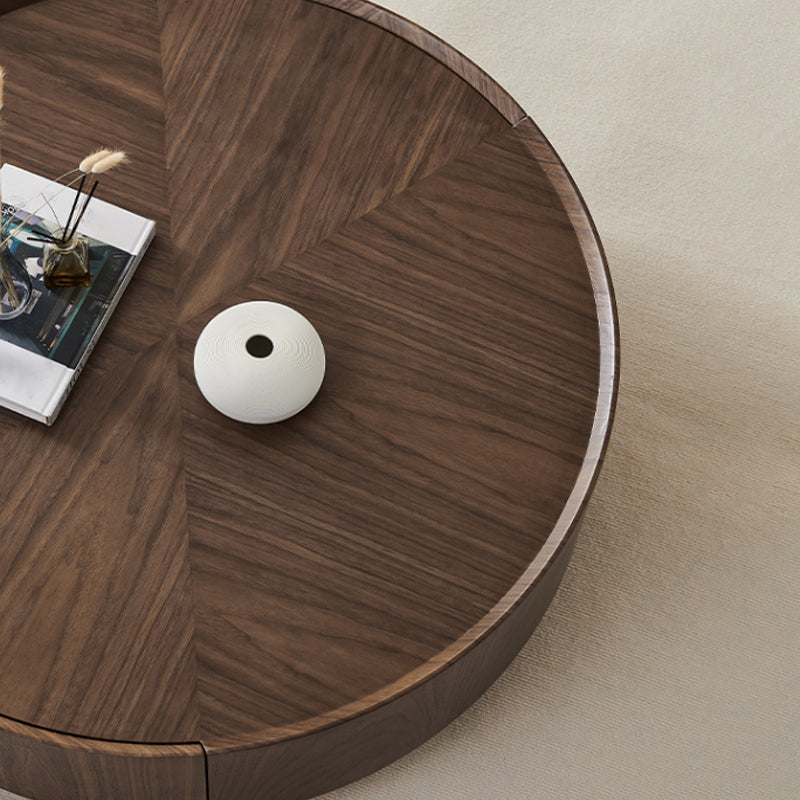 Round Wood Cocktail Table Set with 2 Drawers Modern Walnut Coffee Table