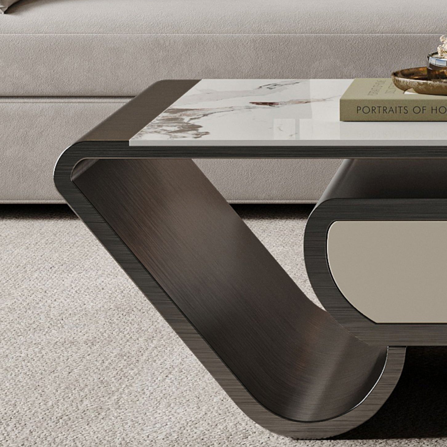 Slate Abstract Coffee Table Glam Rectangular Cocktail Table with Storage Drawer