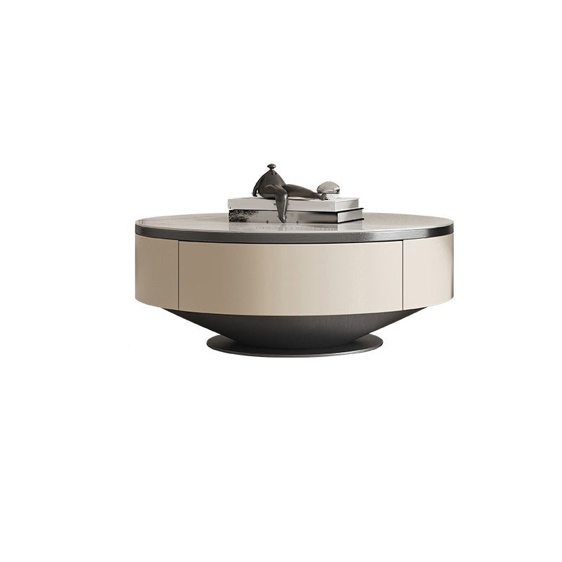 Slate and Metal Coffee Table Pedestal Round Cocktail Table with Drawer