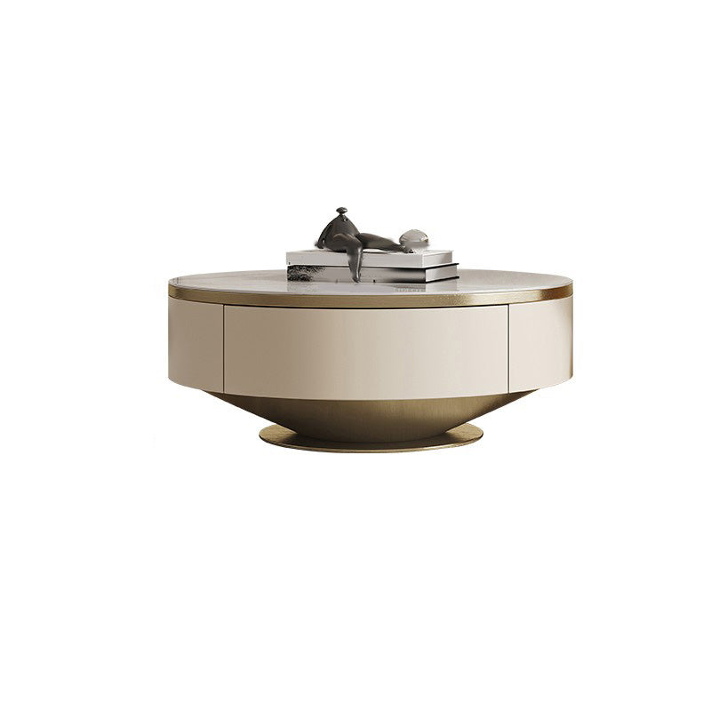 Slate and Metal Coffee Table Pedestal Round Cocktail Table with Drawer