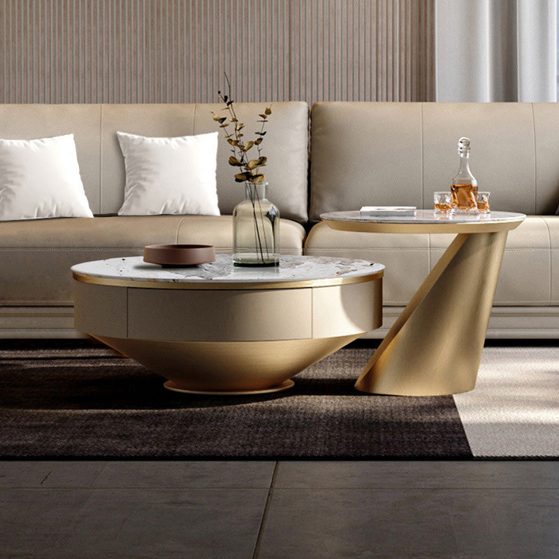 Slate and Metal Coffee Table Pedestal Round Cocktail Table with Drawer