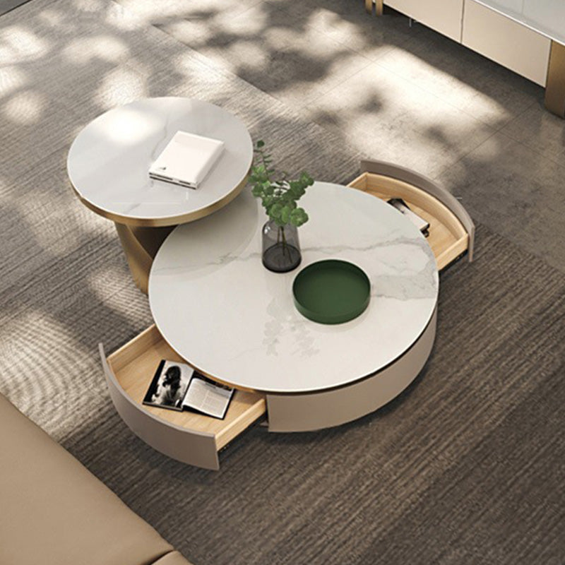 Slate and Metal Coffee Table Pedestal Round Cocktail Table with Drawer