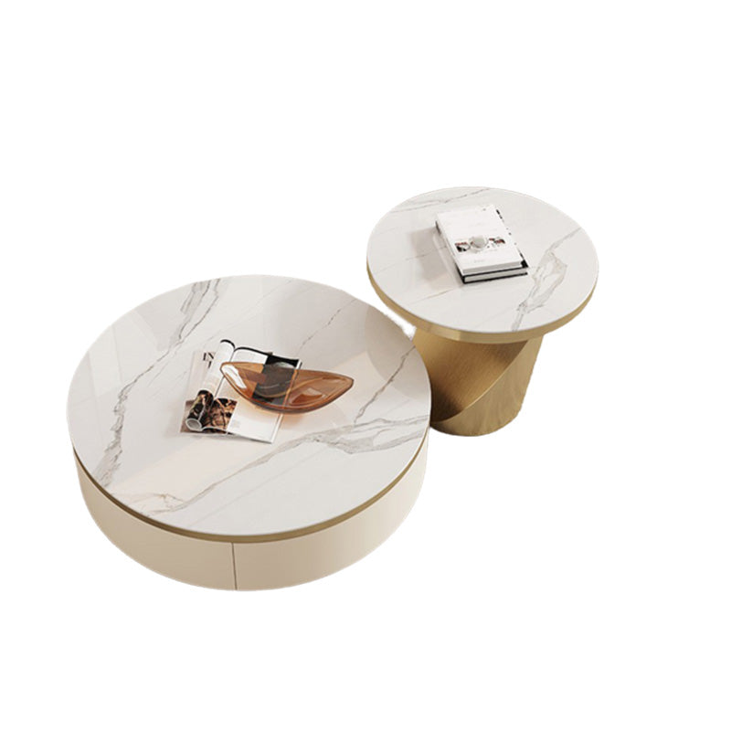 Slate and Metal Coffee Table Pedestal Round Cocktail Table with Drawer