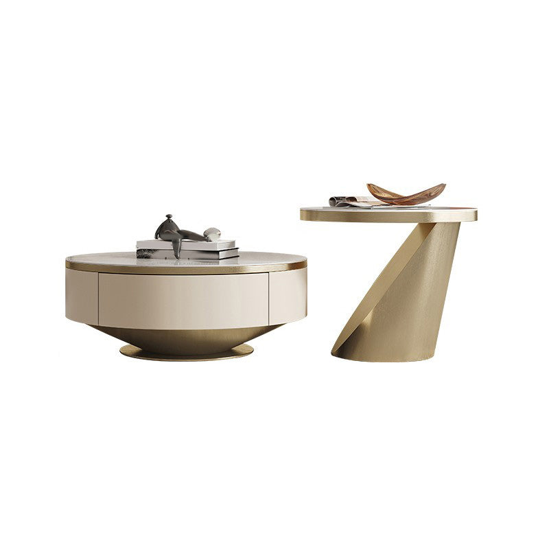 Slate and Metal Coffee Table Pedestal Round Cocktail Table with Drawer