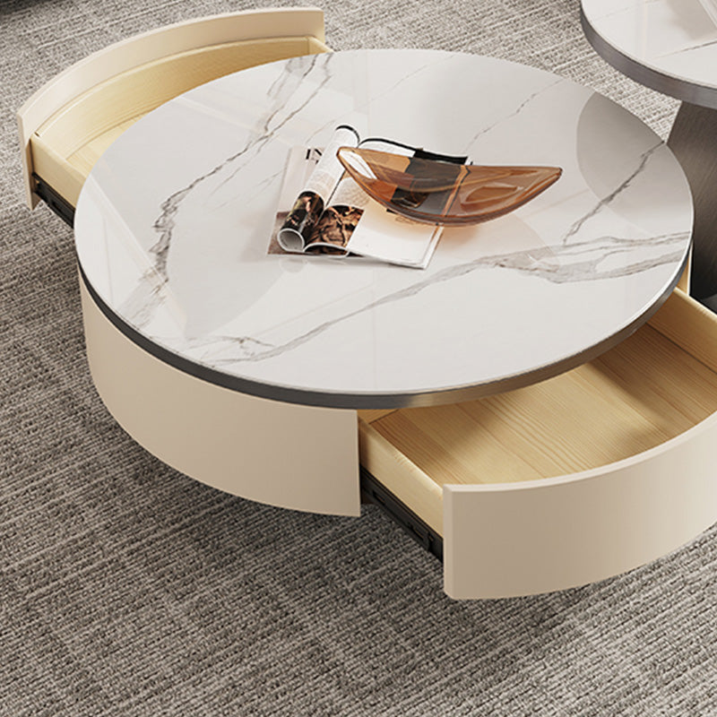 Slate and Metal Coffee Table Pedestal Round Cocktail Table with Drawer