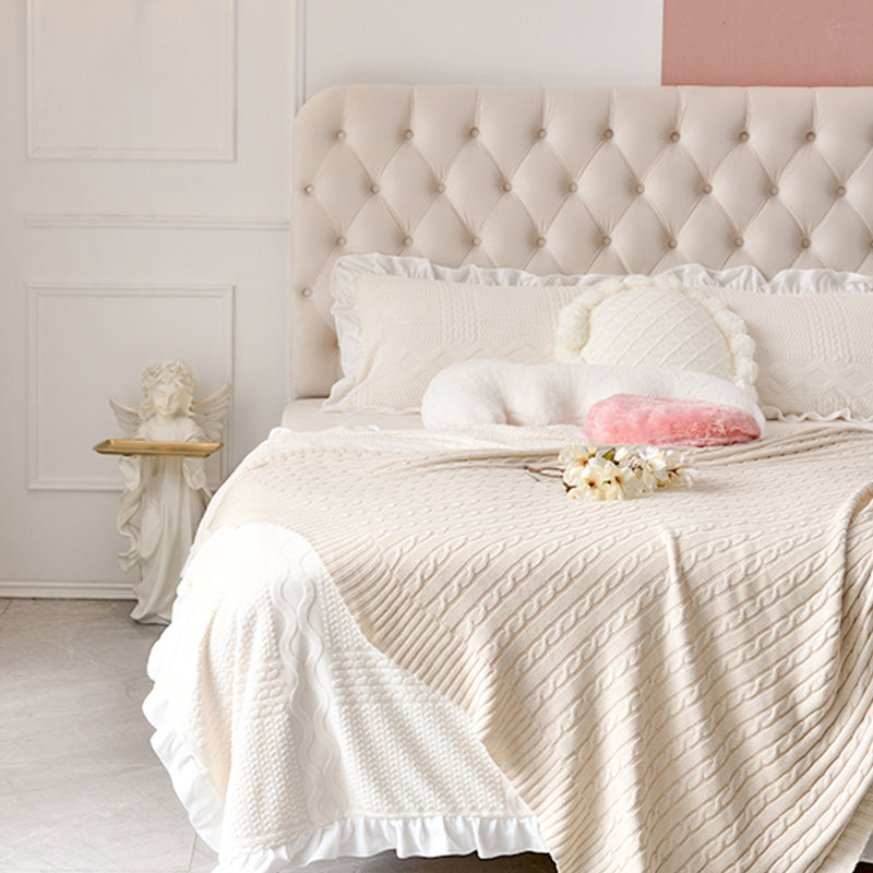 Contemporary Genuine Leather Upholstered Platform Bed White Bed Frame