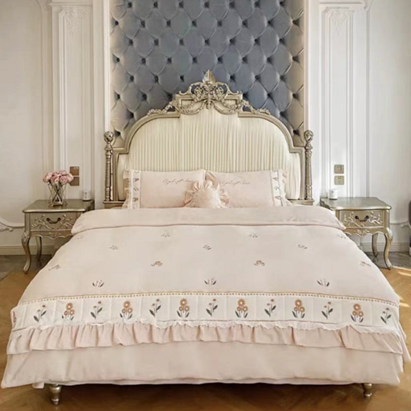 Victorian Upholstered Bed Frame with Nailhead Mattress Included Solid Wood Standard Bed