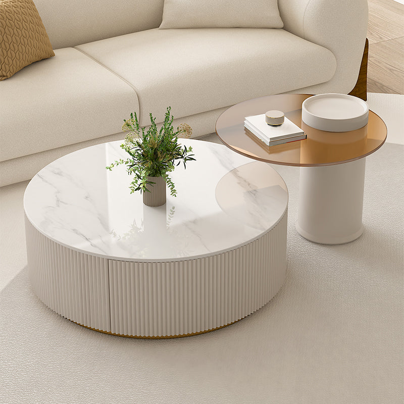 Modern Stone Drum Coffee Table with Storage Dia 31.5" Cocktail Table in Withe