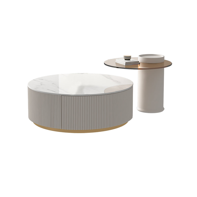 Modern Stone Drum Coffee Table with Storage Dia 31.5" Cocktail Table in Withe