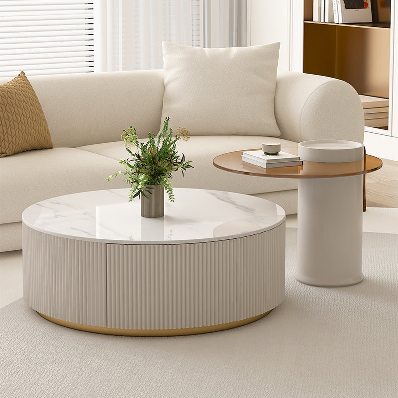 Modern Stone Drum Coffee Table with Storage Dia 31.5" Cocktail Table in Withe