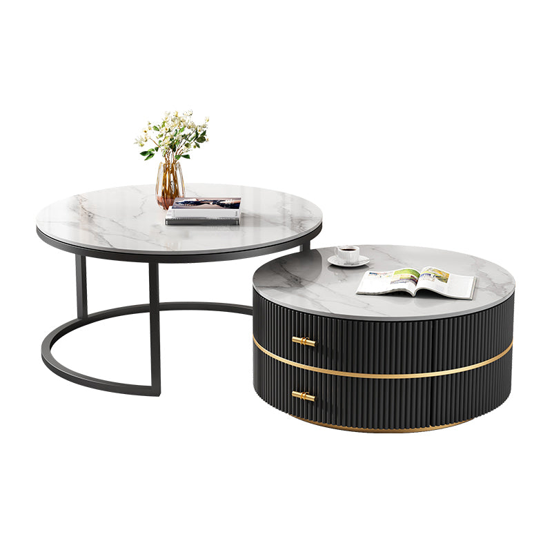 Round Slate Coffee Table Set Frame Cocktail Table with 2 Storage Drawers