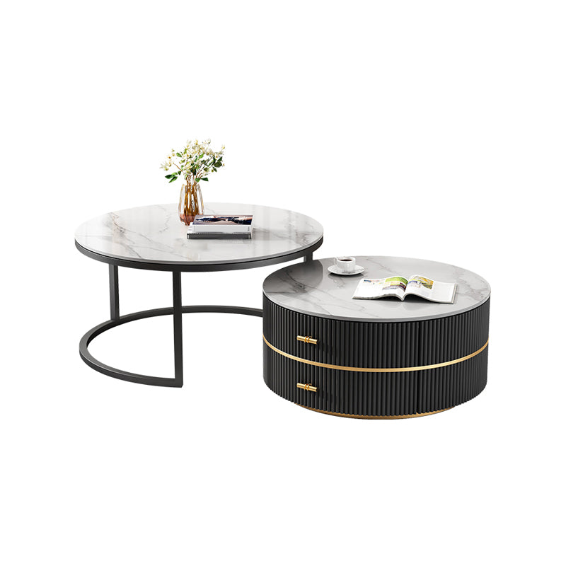 Round Slate Coffee Table Set Frame Cocktail Table with 2 Storage Drawers