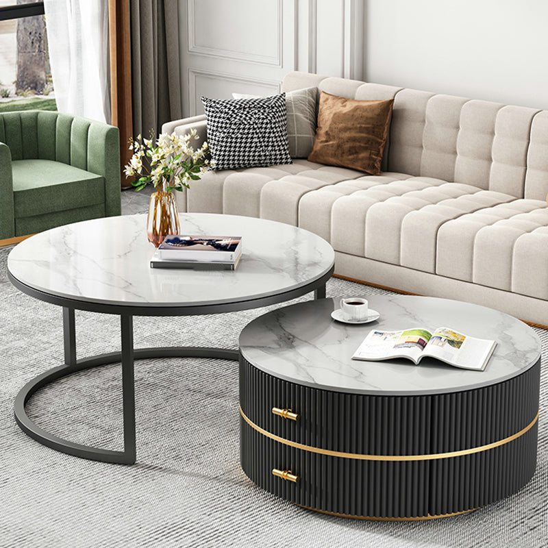 Round Slate Coffee Table Set Frame Cocktail Table with 2 Storage Drawers