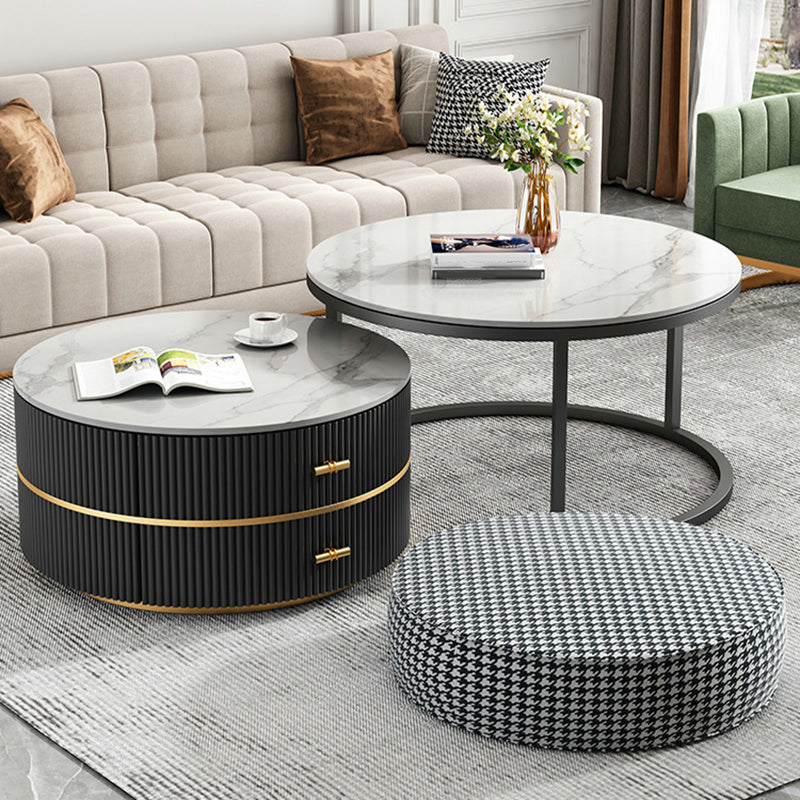 Round Slate Coffee Table Set Frame Cocktail Table with 2 Storage Drawers