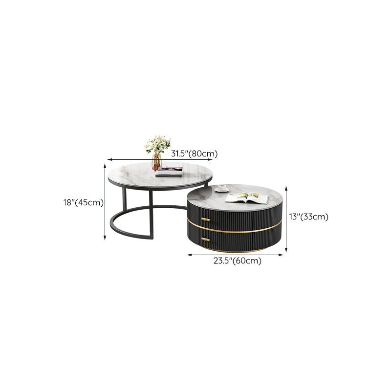 Round Slate Coffee Table Set Frame Cocktail Table with 2 Storage Drawers