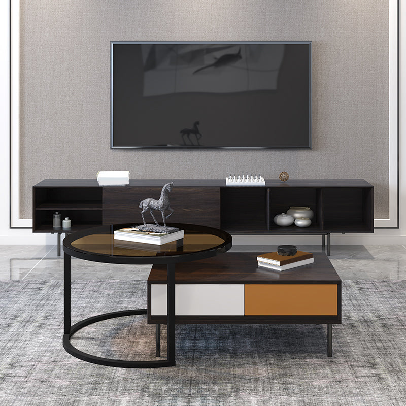 Modern 4 Legs Cocktail Table with 4 Drawers Glass & Wood 2 Nesting Coffee Table Set
