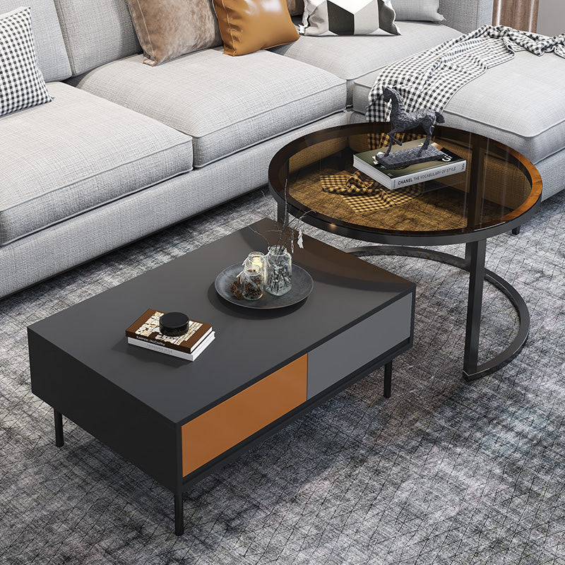Modern 4 Legs Cocktail Table with 4 Drawers Glass & Wood 2 Nesting Coffee Table Set