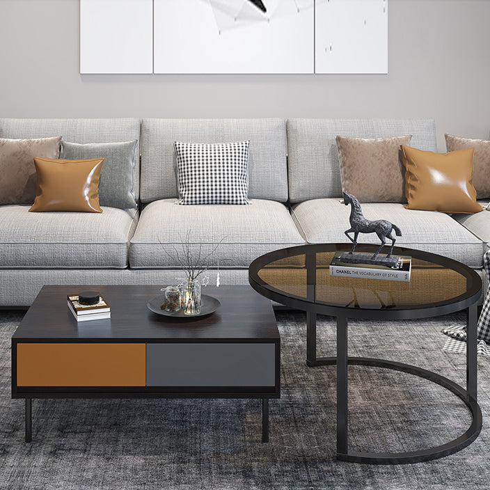 Modern 4 Legs Cocktail Table with 4 Drawers Glass & Wood 2 Nesting Coffee Table Set